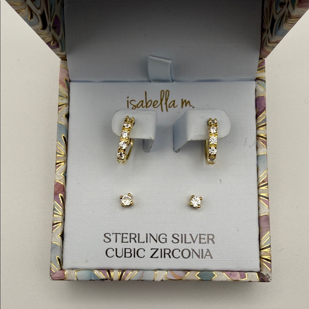 Isabella M Sterling Silver Gold ToneCubic Zirconia Hoop & Stud Earring Gift Set